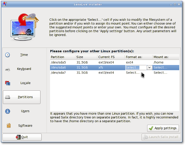 Screenshot of Salix Live Installer partitions configuration