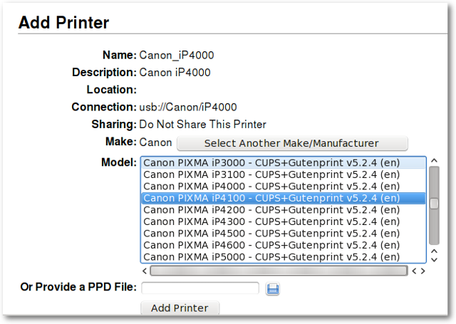 Screenshot of Printer Configuration