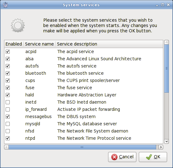 Screenshot of Services Setting utility