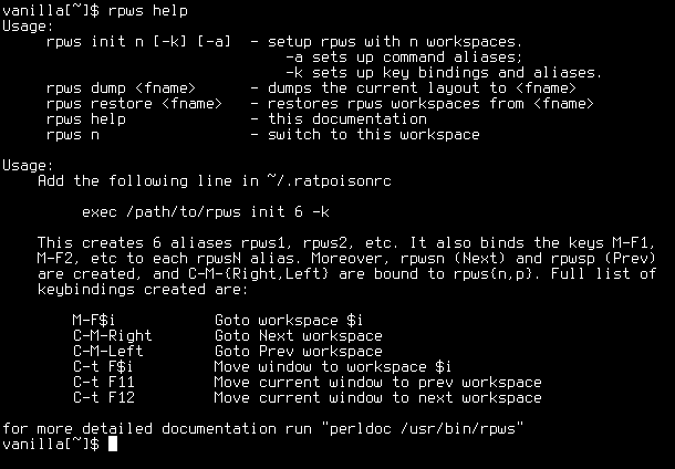 Terminal showing rpws help page for managing workspaces