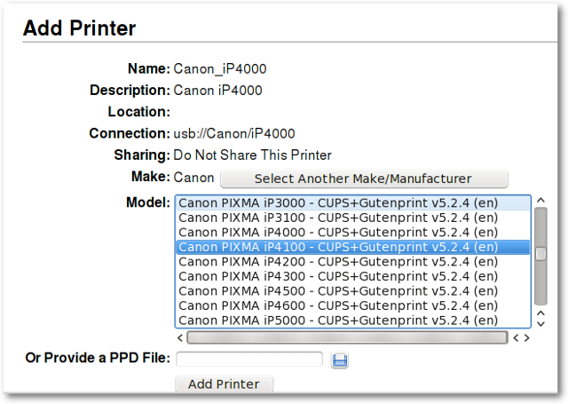 Captura de pantalla de Configuración de la impresora