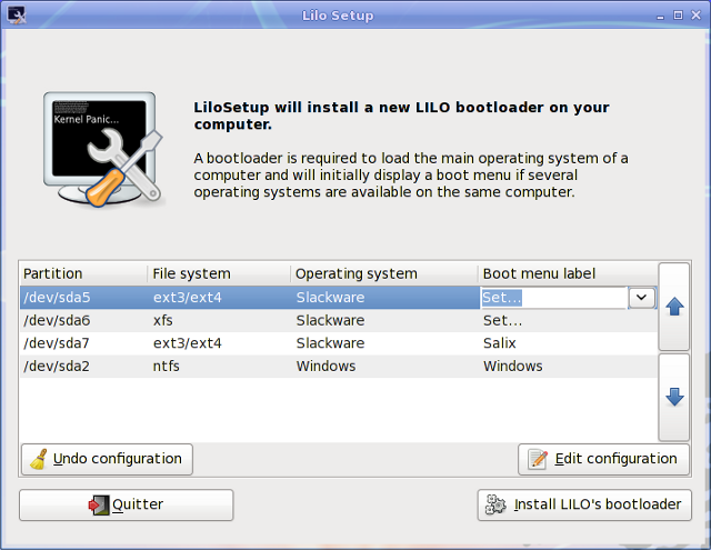 Schermata dell'utility LiloSetup