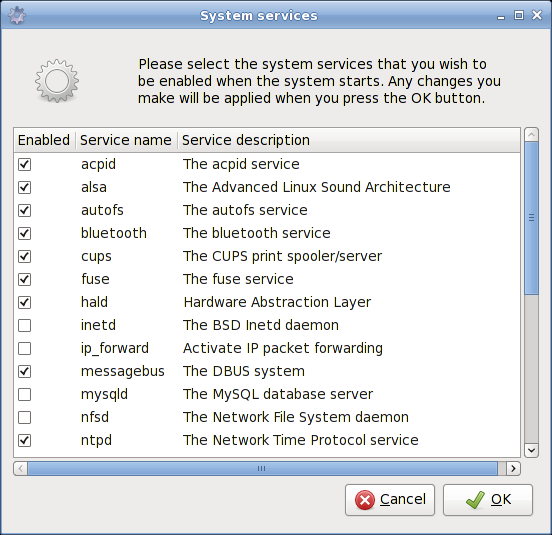 Screenshot van de Services Setting tool